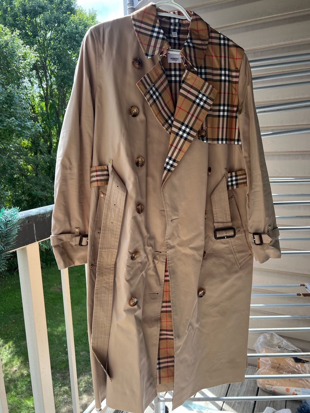 Classic Women Tan Trench Coat with Plaid Trim